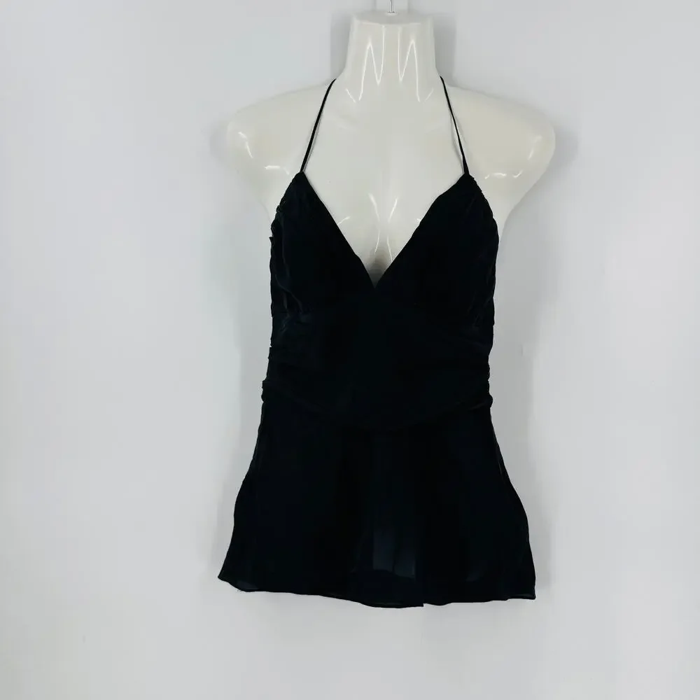 Vintage Y2K Express Black Silk Halter Top Plunge Backless Cami Size M Medium - Picture 7 of 7